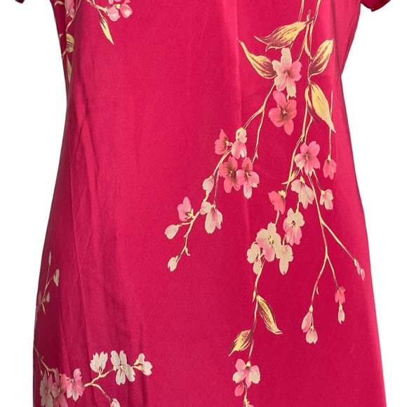 100% Silk Floral Dress 14 Maxi Long V-Neck Short Sleeve Satin Georgette Red - Picture 15 of 16